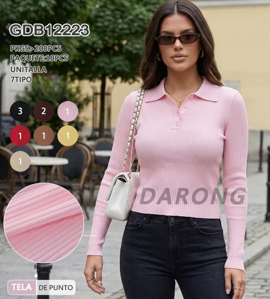 Blusa de punto con cuello polo y manga larga