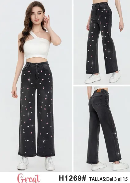 Jeans Rectos con diseño floral-H1269