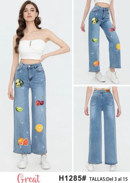 Jeans Rectos con estampado de frutas-H1285
