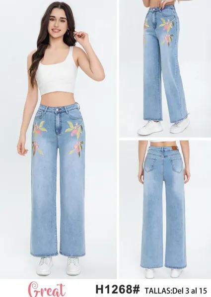 Jeans de Mujer Corte recto con Bordado Floral-H1268
