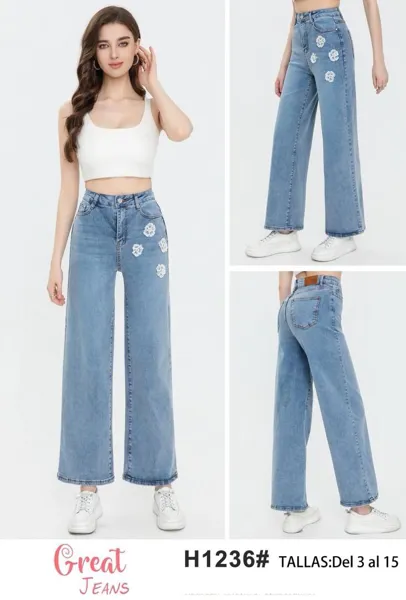 Jeans de Mujer con Bordado Floral y Tiro Alto-H1236