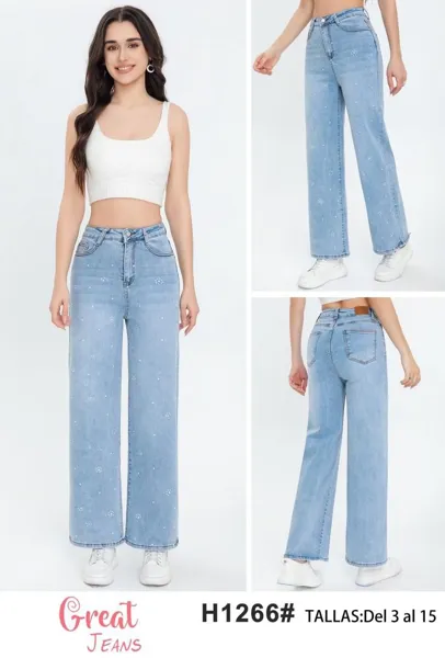 Jeans corte recto de mujer con diseño de flores-H1266
