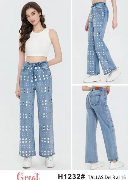 Jeans Rectos con Detalles Metálicos-H1232