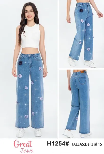 Jeans Wide Leg de Mujer con Flores y Brillos-H1254