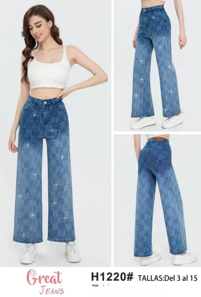 Jeans de mujer recto con monograma y detalles brillantes-H1220