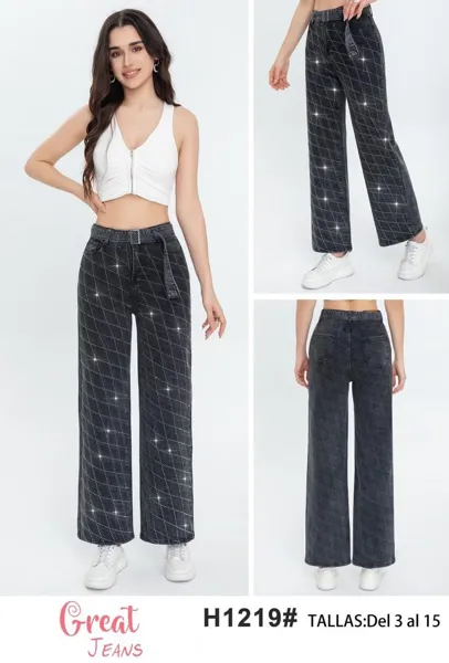 Jeans corte recto con patrón de diamantes-H1219