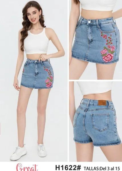 Falda-Short de mezclilla con bordado floral-H1622