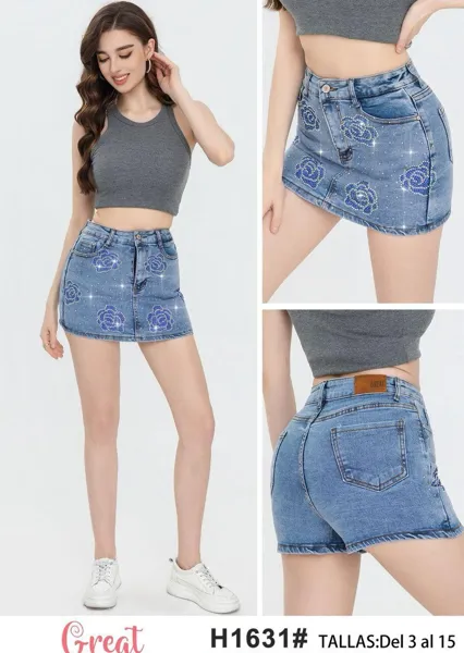 Falda-Short con diseño de rosas de pedrería-H1631