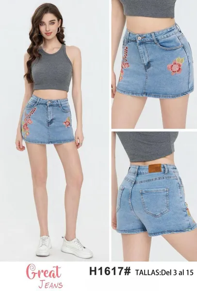 Falda-Short de mezclilla con bordado floral-H1617
