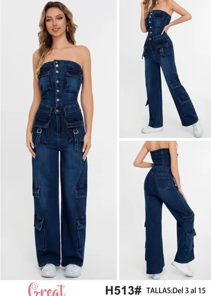 Jumpsuit Cargo de Mezclilla Strapless-H513