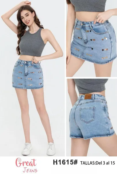 Falda-Short de mezclilla con diseño de círculos metálicos-H1615