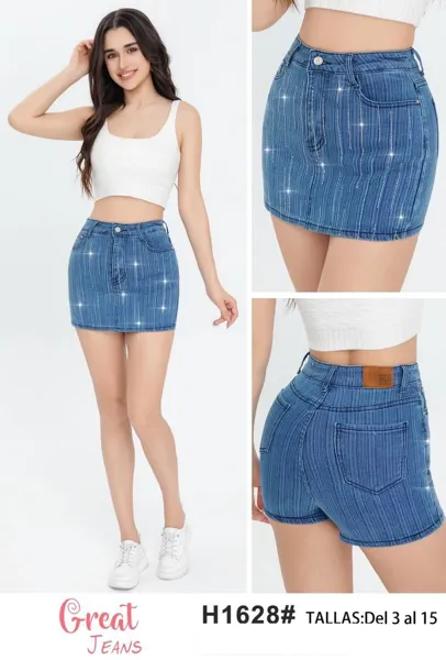 Falda-short de mezclilla con diseño de rayas verticales y brillos-H1628#