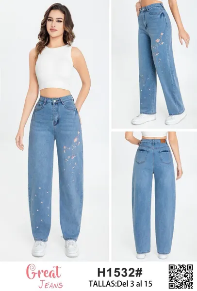 Jeans para mujer con bordado floral-H1532