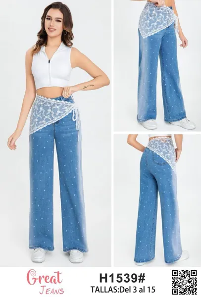 Pantalón de mezclilla de corte acampanado con estampado de puntos y encaje lateral-H1539