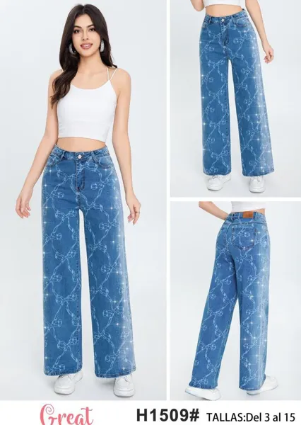 Jeans para mujer con corte recto y estampado de lazos-H1509