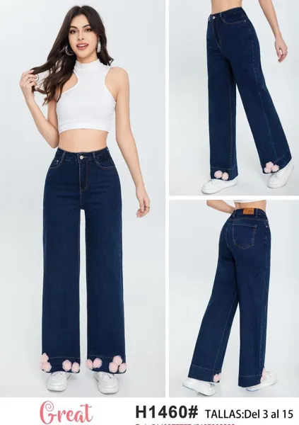 Jeans de corte recto con apliques florales-H1460