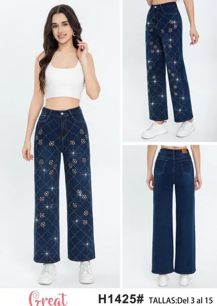 Jeans de mujer con corte recto y bordado de rombos-H1425