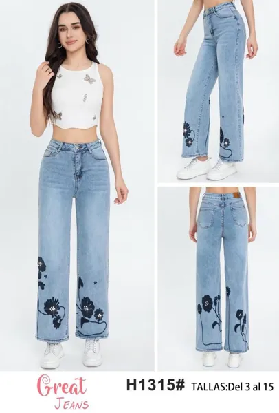 Jeans de mujer con bordado floral-H1315#