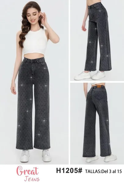 Jeans de corte recto con diseño estampado y brillos-H1205