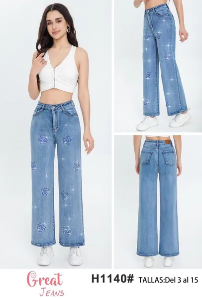 Jeans recto con brillos y diseño de rosas-H1140