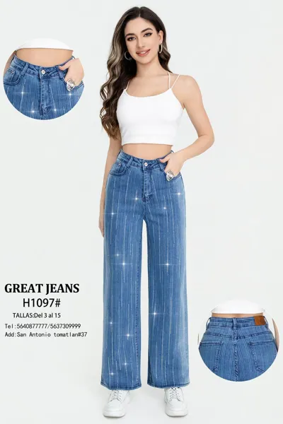 Jeans de mezclilla de corte recto con detalles de pedrería-H1097