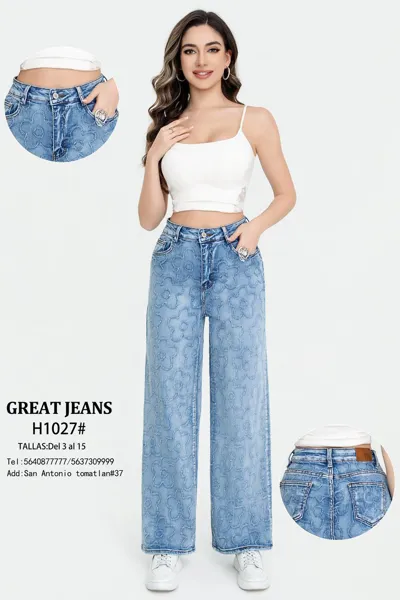 Pantalón de mezclilla de corte recto con diseño floral-H1027