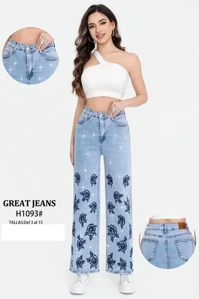 Jeans con brillos y bordado de rosas-H1093