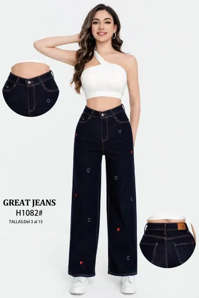 Jeans de corte recto con diseño de corazones-H1082
