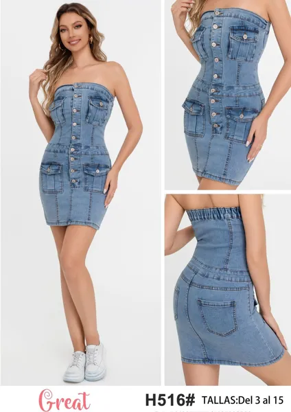 Vestido de mezclilla sin tirantes con botones y bolsillos-H516