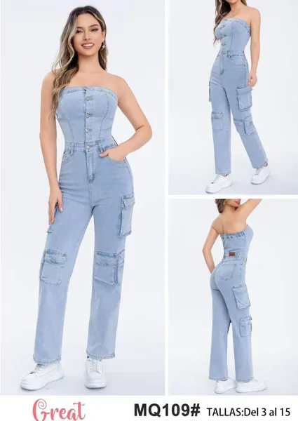 Jumpsuit de mezclilla strapless con bolsillos cargo-MQ109