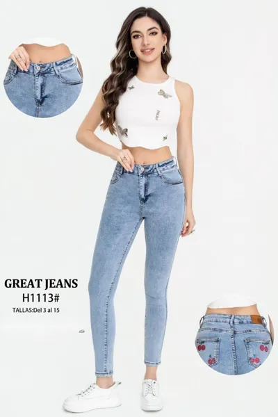 Jeans skinny de mujer con cerezas bordadas-H1113