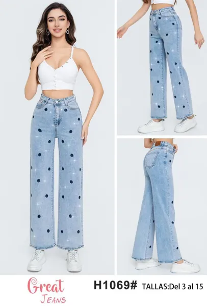Pantalones de mezclilla de corte acampanado con brillos-H1069