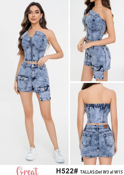 Conjunto de mezclilla con top strapless y shorts cargo-H522