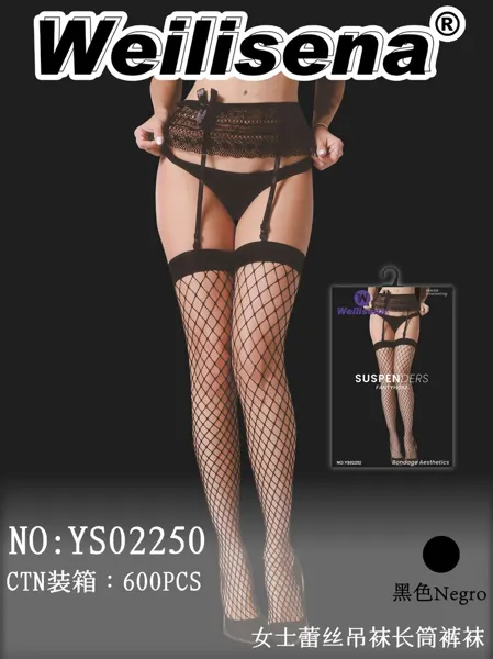 Medias de red altas con liguero de encaje para dama, estilo sensual, color negro