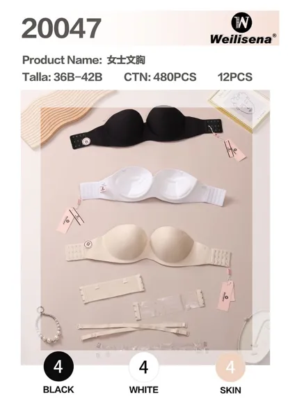Sostén strapless push-up con espalda ajustable para dama, copa B, sin tirantes