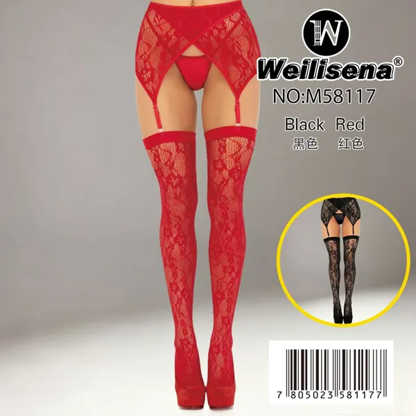 Conjunto de liguero con medias de encaje floral para dama, color negro y rojo