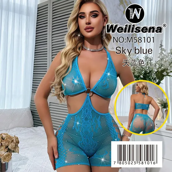 Body de malla con pedrería y aberturas laterales para dama, color azul cielo