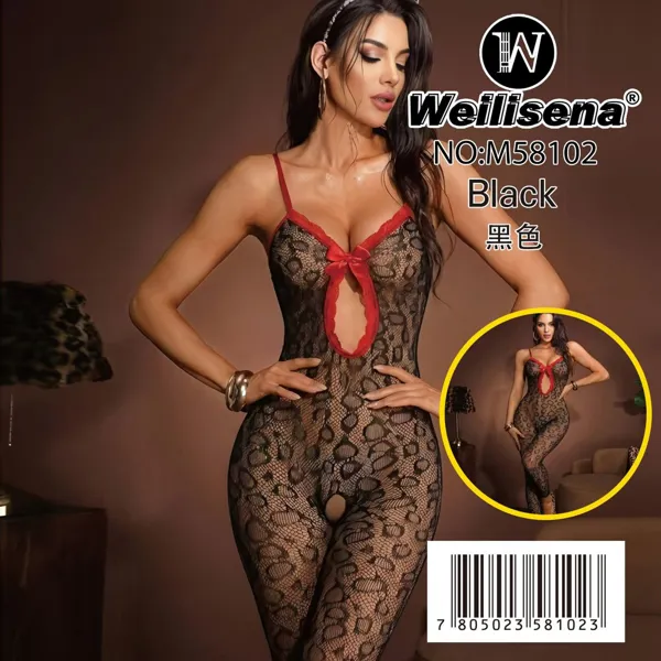 Bodystocking de malla con estampado floral, abertura y moño para dama, color negro
