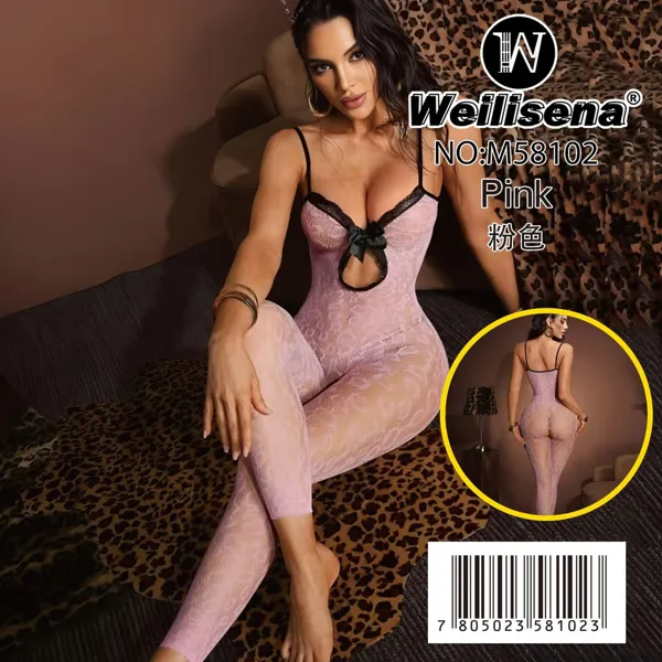 Bodystocking de malla con estampado floral, abertura y moño para dama, color rosa