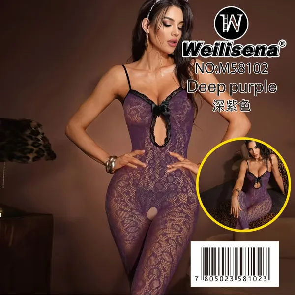 Bodystocking de malla con estampado floral, abertura y moño para dama, color morado