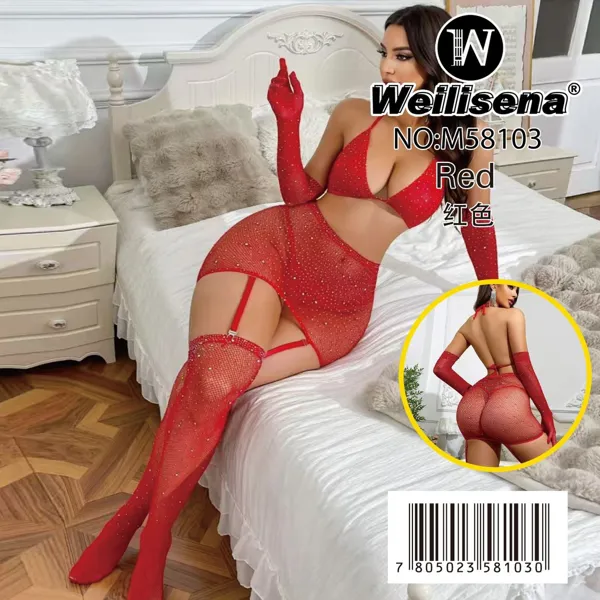 Conjunto de lencería de malla con pedrería, liguero, guantes y medias para dama, color rojo