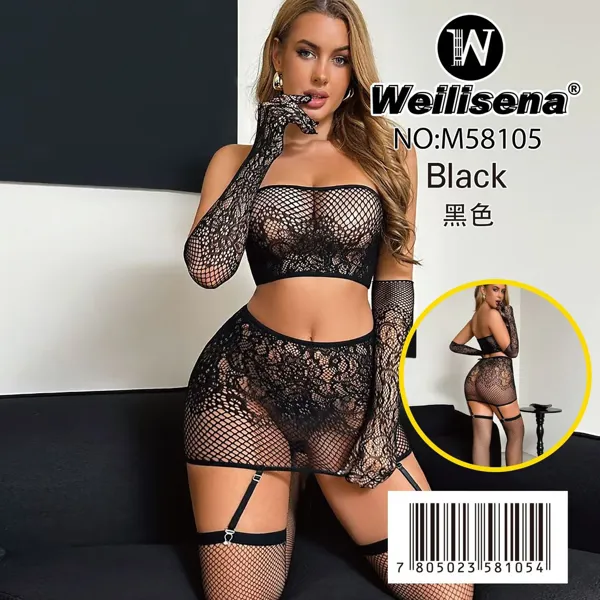 Conjunto de lencería de malla con encaje, liguero, guantes y medias para dama, color negro
