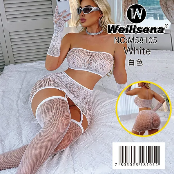 Conjunto de lencería sensual de malla calada, top bandeau, falda, guantes largos y medias con liguero, para dama, color blanco