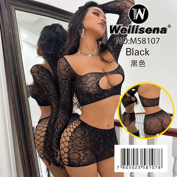 Conjunto de lencería sensual de malla calada, top bandeau, falda y guantes largos, para dama, color negro
