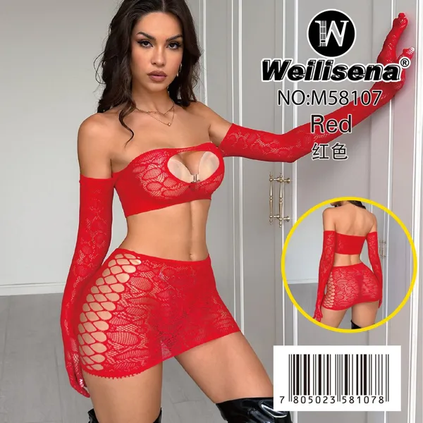 Conjunto de lencería sensual de malla calada, top bandeau, falda y guantes largos, para dama, color rojo
