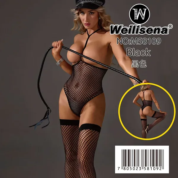 Body de malla sensual tipo red con medias tipo liguero integradas para dama, color negro