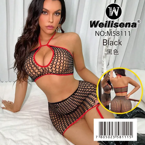 Conjunto de lencería sensual de malla calada de dos piezas, top y falda con ribete de contraste, para dama, color negro