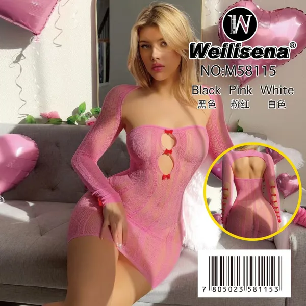Vestido lencero sensual de malla calada de manga larga con abertura tipo ojo de cerradura para dama, color rosa