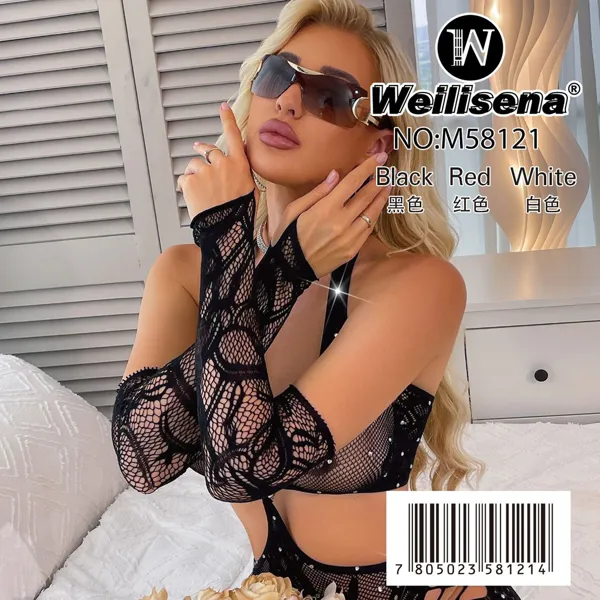 Guantes largos sensuales de encaje y malla con pedrería para dama, color negro