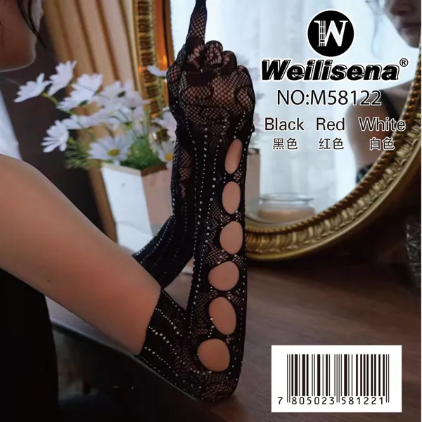 Guantes largos sensuales de malla con pedrería y aberturas para dama, color negro